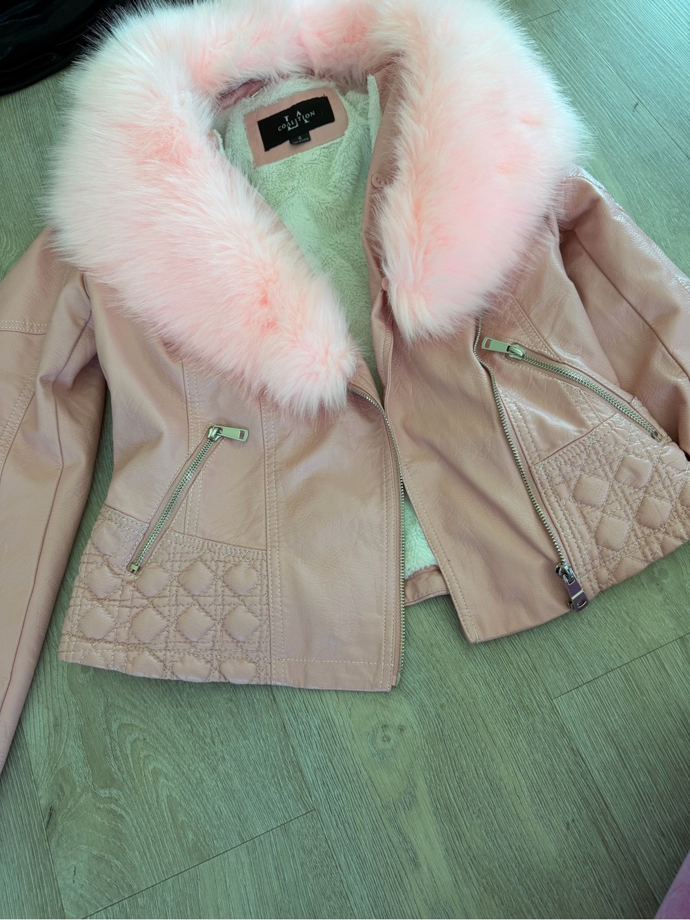LA Coalition Pink Faux Leather Moto Jacket Faux Fur Collar Y2K Glam